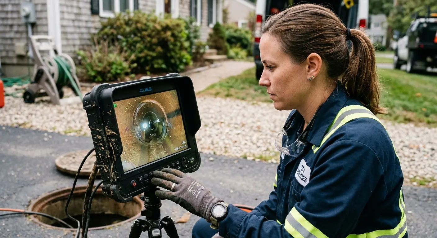 Technician reviewing sewer camera inspection footage in Asheville