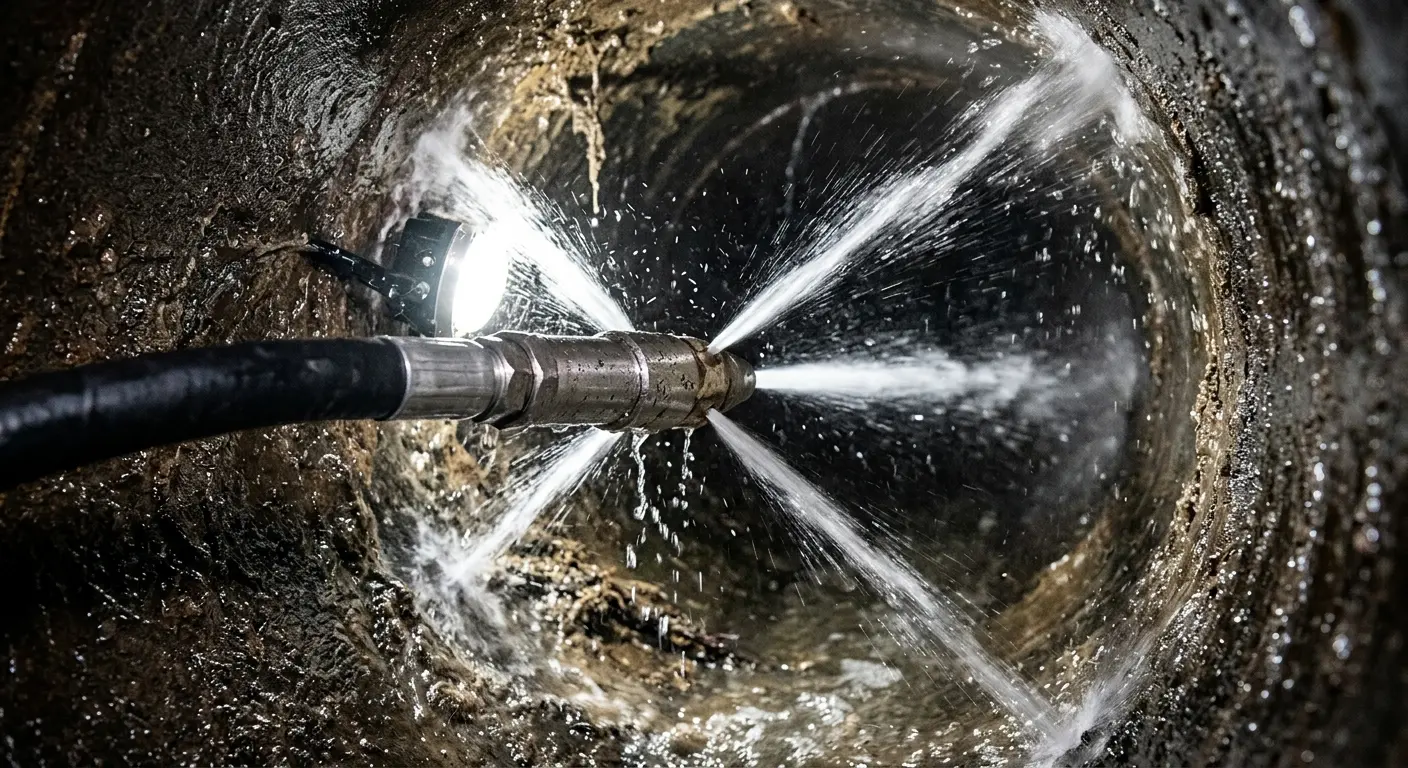 High-pressure hydro jetting nozzle cleaning sewer pipe for Emergency Drain Service in Asheville