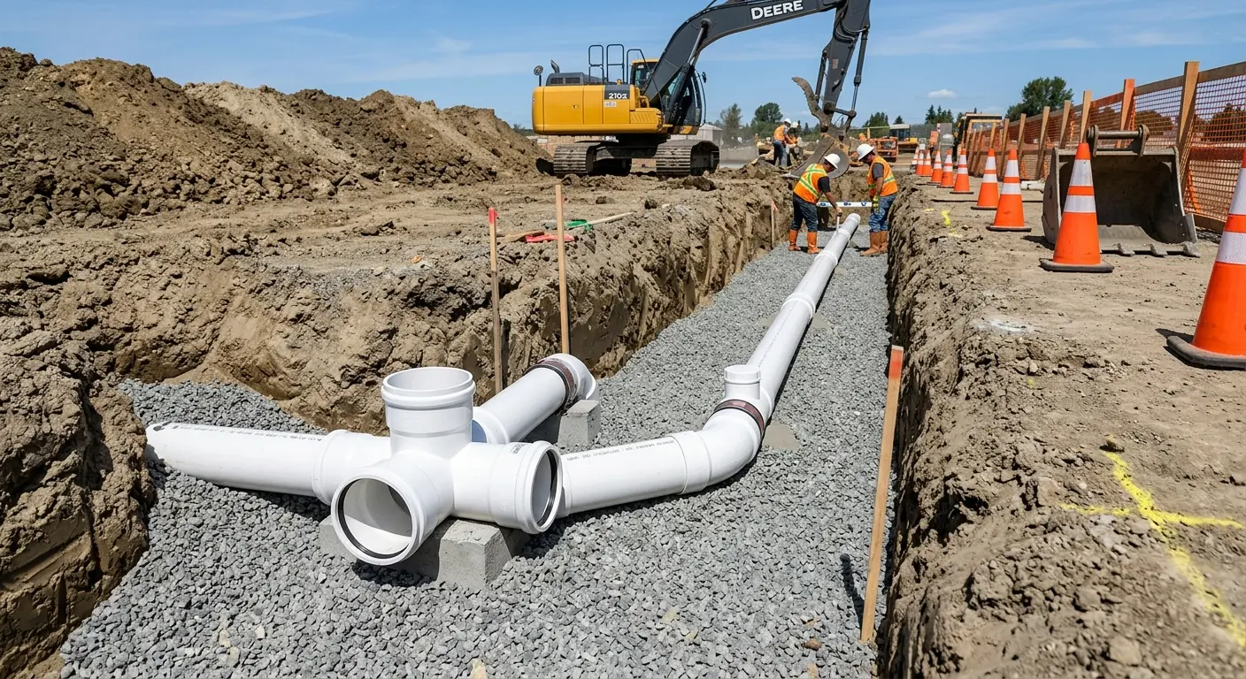New PVC sewer pipe installation in open trench for Commercial Drain Cleaning in Asheville