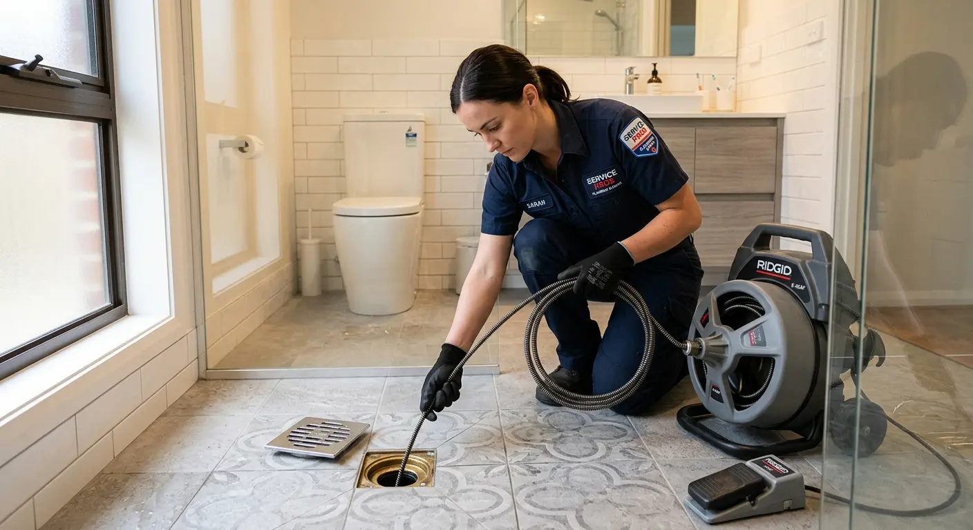 Technician clearing a bathroom floor drain for Sewer Line Replacement in Asheville